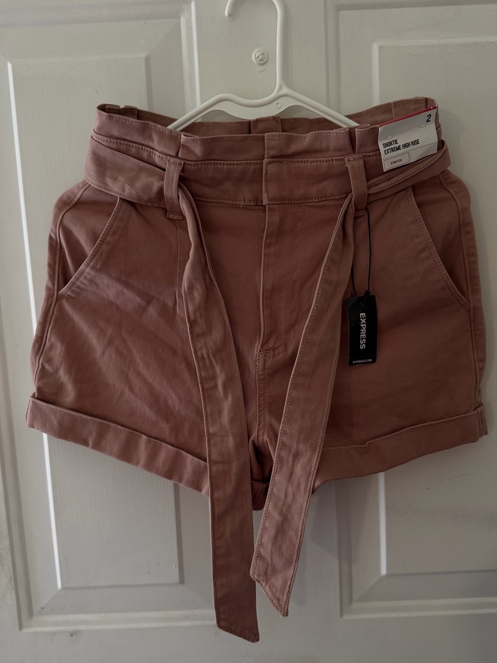 Express High-Rise Paperbag Belted Shorts in Mauve Pink